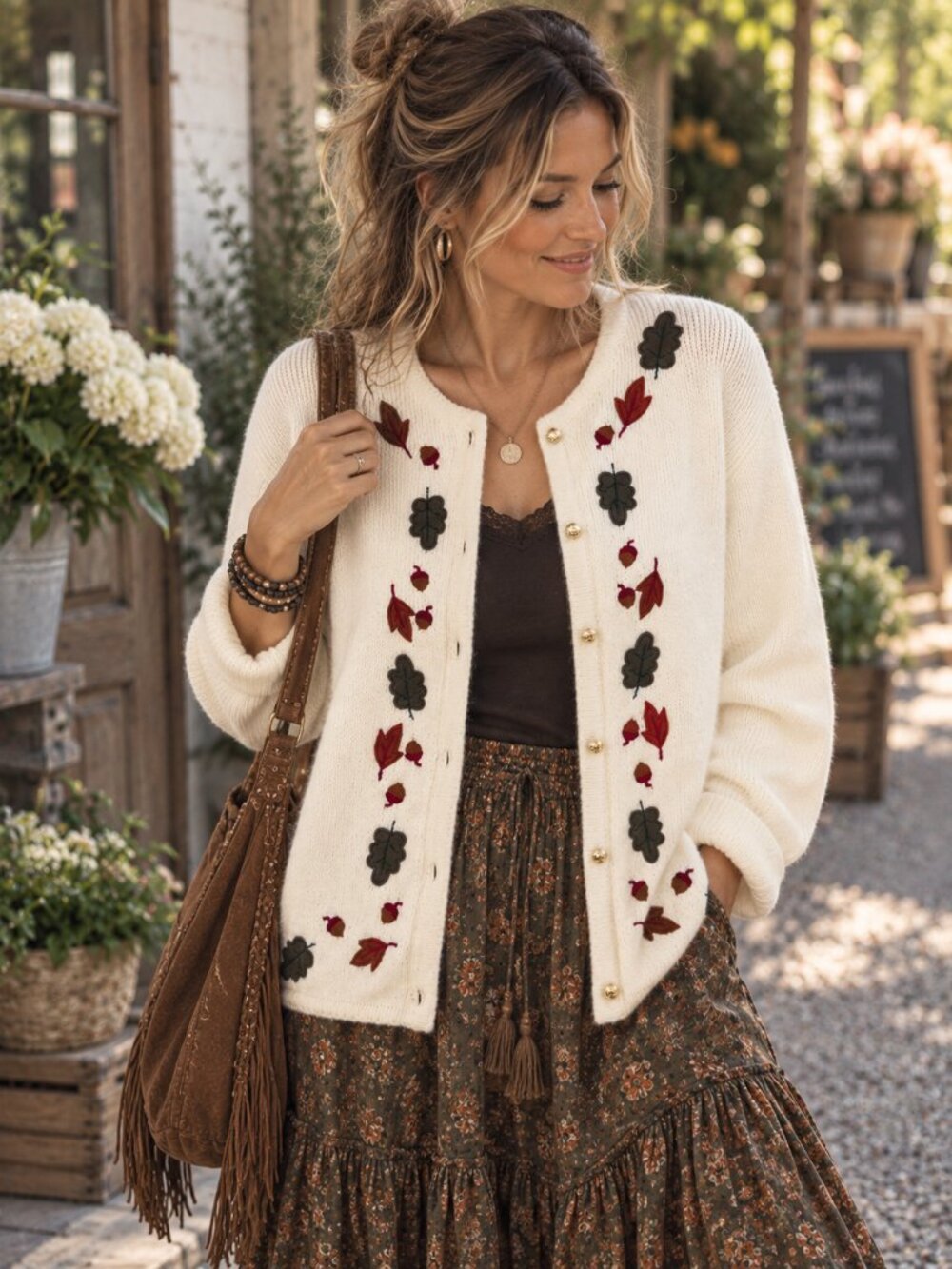 Vintage Cardigan Sweater XL Cream Ivory Embroidered Acorns Leaves Cottagecore